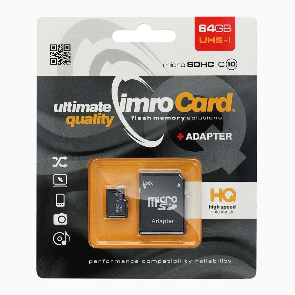 MICROSD 64GB 100MB/S CLASSE 10 UHS I CON ADATTATORE SD IMRO 1 MICROSD 64GB 100MB/S CLASSE 10 UHS I CON ADATTATORE SD IMRO