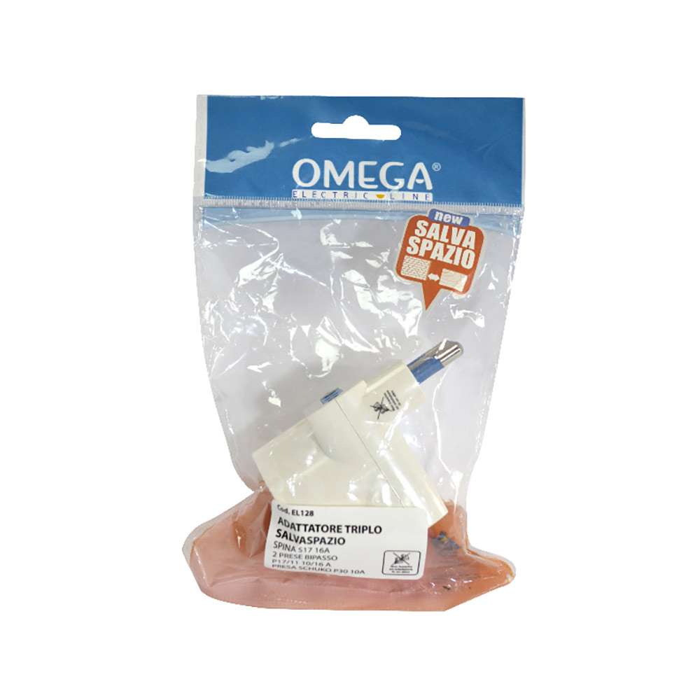 ADATTATORE 3 POSTI SALVASPAZIO CON 1 PRESA BIPASSO-SCHUKO + 2 PRESE BIPASSO E SPINA 16A OMEGA 1 ADATTATORE 3 POSTI SALVASPAZIO CON 1 PRESA BIPASSO-SCHUKO + 2 PRESE BIPASSO E SPINA 16A OMEGA