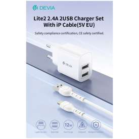 CARICABATTERIA DA RETE 2XUSB + CAVO PER LIGHTNING APPLE 2,4A  BIANCO DEVIA
