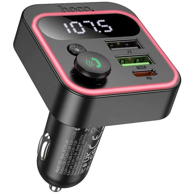 TRASMETTITORE FM CON DISPLAY E  BLUETOOTH + DOPPIA PORTA PER RICARICA RAPIDA QC3.0 PD20W NERO E85 HOCO