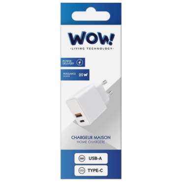 CARICABATTERIE DA RETE TIPO C + USB-A BIANCO 38W USB-A 18W + USB-C 20W POWER DELIVERY WOW 3 M153654 1