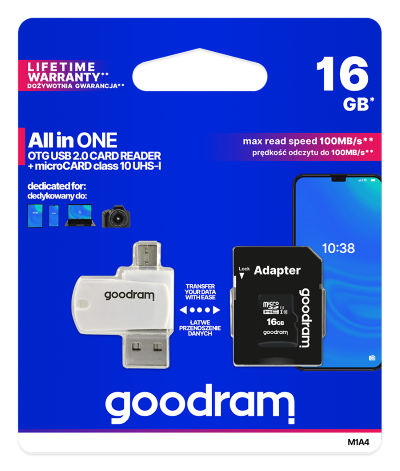 GoodRAM microSD 16GB class 10 + adpter + card reader - blister - M1A4-0160R12 1 GoodRAM microSD 16GB class 10 + adpter + card reader - blister - M1A4-0160R12