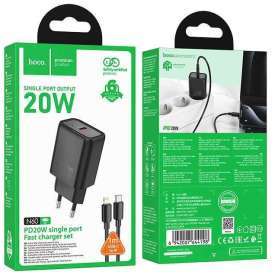 Alternative view of CARICATORE DA RETE TIPO-C + CAVO TIPO-C/LIGHTNING 20W PD QC N60 HOCO NERO