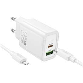 CARICATORE DA RETE TIPO-C+ USB-A + CAVO LIGHTNING/TIPO-C 20W 3A PD QC3.0 N61 HOCO BIANCO CARICATORE DA RETE TIPO-C+ USB-A + CAVO LIGHTNING/TIPO-C 20W 3A PD QC3.0 N61 HOCO BIANCO