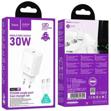 CARICATORE DA RETE TIPO-C + CAVO TIPO-C / TIPO C 30W PD QC N62 HOCO BIANCO 5 N62CCB 2