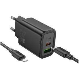 Alternative view of CARICATORE DA RETE TIPO-C + USB-A + CAVO TIPO-C/LIGHTNING 30W 3A PD QC3.0 N63 HOCO NERO