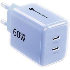 Alternative view of CARICABATTERIE DA RETE CON TECNOLOGIA GAN3 2X USB-C AVS SSFC3.0 60W + CAVO IN SILICONE USB-C/USB-C PERFETTO PER SERIE 17/18 PRO E PRO MAX AZZURRO FORCELL