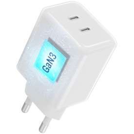 Alternative view of CARICABATTERIE DA RETE CON TECNOLOGIA GAN3 2X USB-C AVS SSFC3.0 60W + CAVO IN SILICONE USB-C/USB-C PERFETTO PER SERIE 17/18 PRO E PRO MAX BIANCO FORCELL