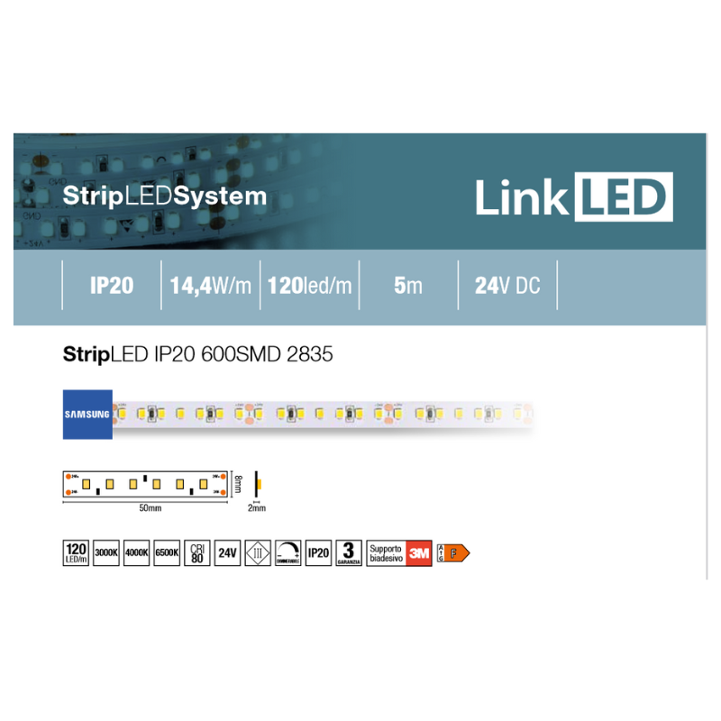 STRISCIA LED 2835 – 5 METRI 14,4W/M 1320LM EFFETTIVI 120 LED-METRO 3000K 24V IP20 LINKLED 1 STRISCIA LED 2835 – 5 METRI 14,4W/M 1320LM EFFETTIVI 120 LED-METRO 3000K 24V IP20 LINKLED